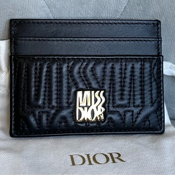 NEW Dior Black Leather Card Holder with Gold Logo